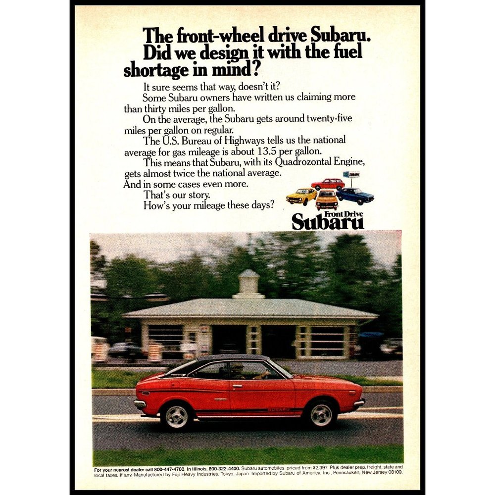 1973 Subaru 1400 GL Red Coupe Vintage Print Ad Gas Station Blur Wall Art Photo
